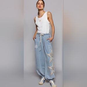 Women's L POL Star Patchwork Jogger Pants Boho Hippie Trendy NWOT